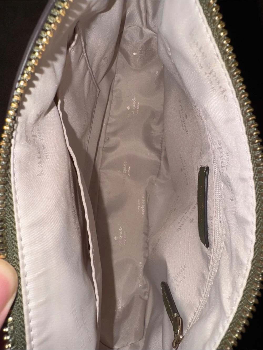kate spade olive green pebbled leather shoulder bag with striped web strap
